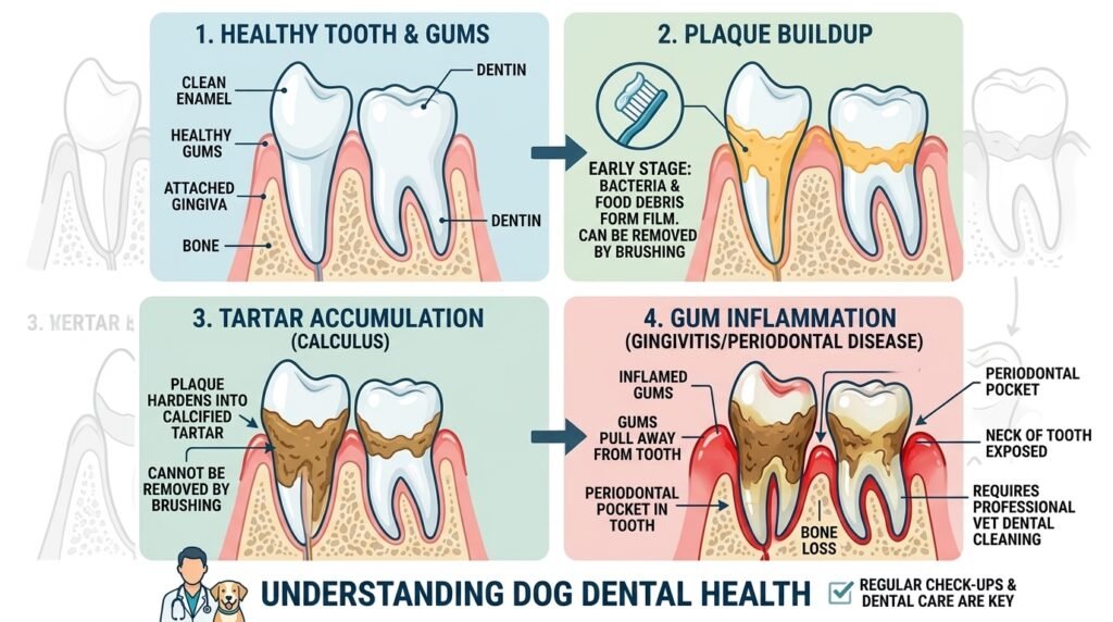 Dog dental care showing plaque tartar and gum disease