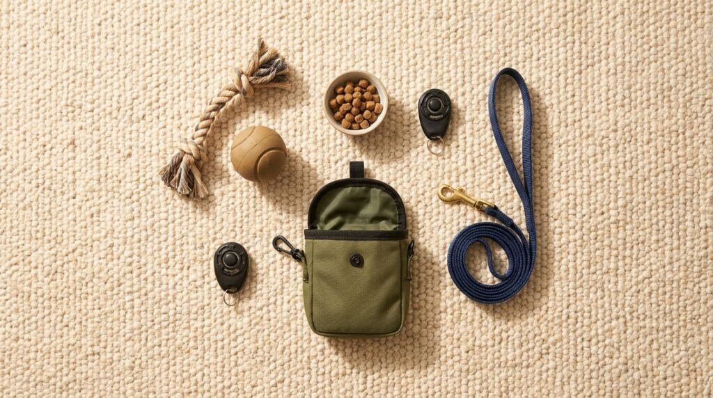 Dog toys, treats, clicker, treat pouch, and leash prepared for drop-it training