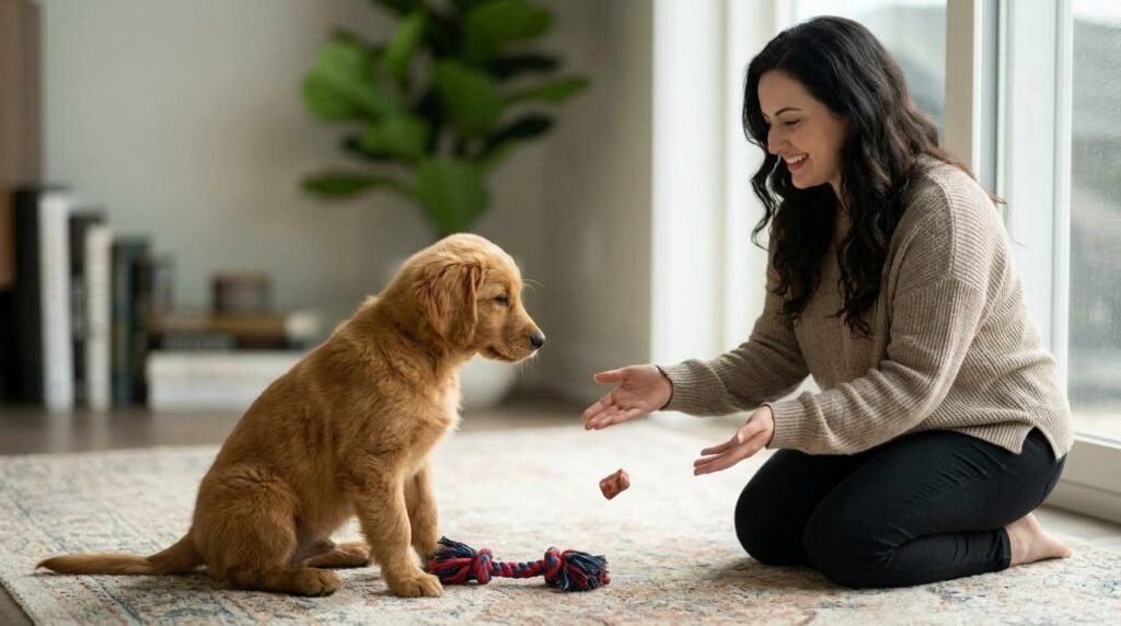 Dog voluntarily trading a toy for a high-value treat