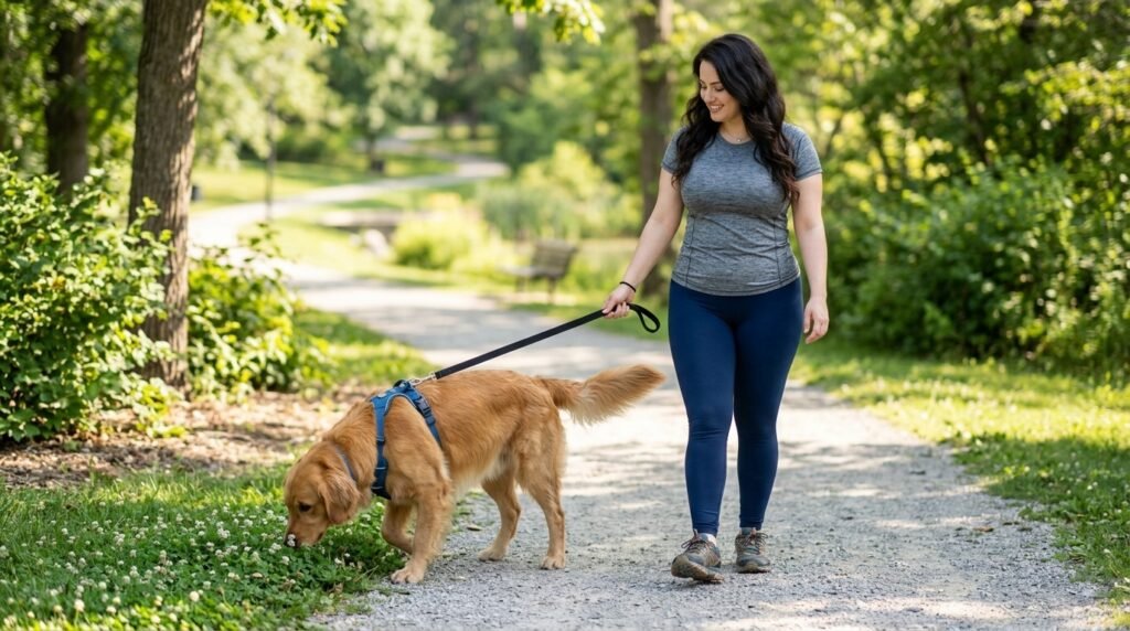 Dog taking a low-impact walk to support joint health