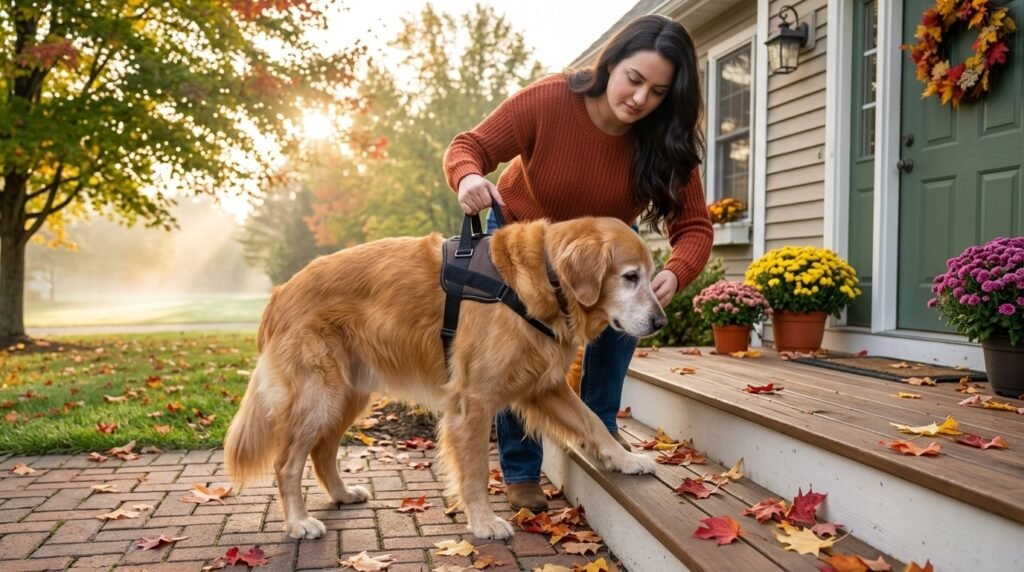 Older dog receiving support near steps during cooler weather