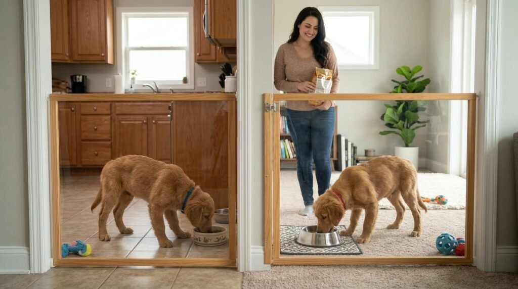Two dogs safely separated during meals to prevent resource conflict