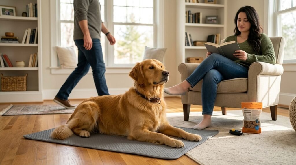 Dog practicing settle training around mild household distractions