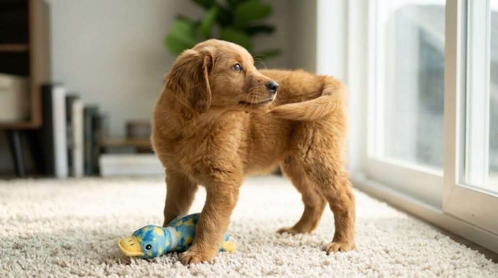 Golden retriever puppy looking toward its tail with a soft toy nearby