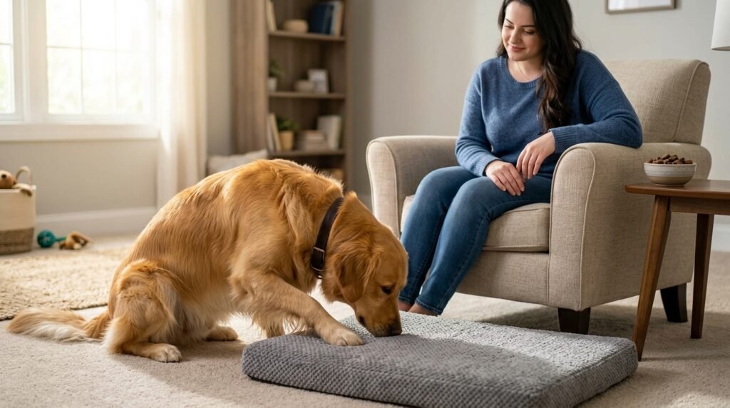 Dog investigating a mat before settle training at home
