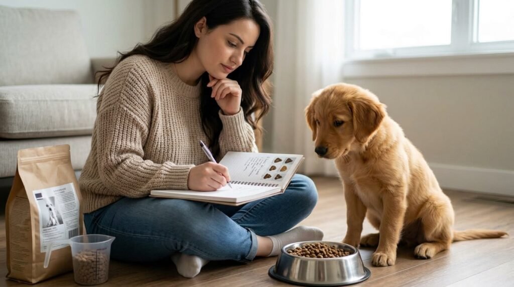 Dog owner monitoring signs of digestive sensitivity after meals.