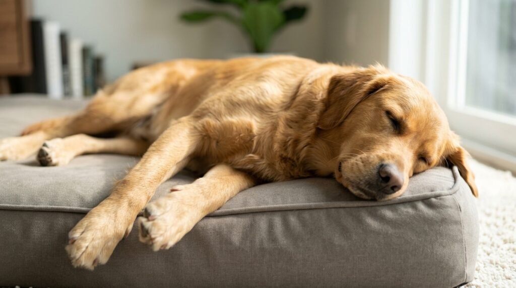 Dog sleeping on its side in a relaxed position