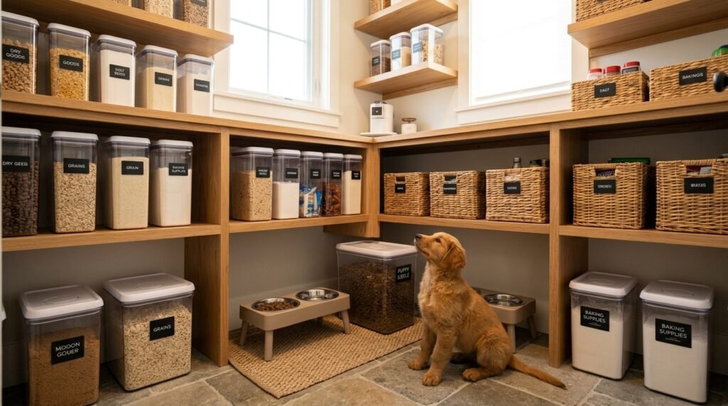 Organized pet food pantry with sealed kibble containers and proper shelf storage