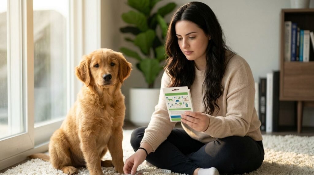 Dog owner checking flea and tick treatment instructions before use