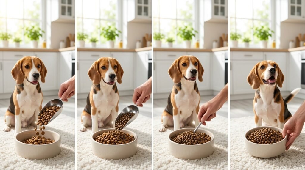 Gradually transitioning a dog to new sensitive stomach food.