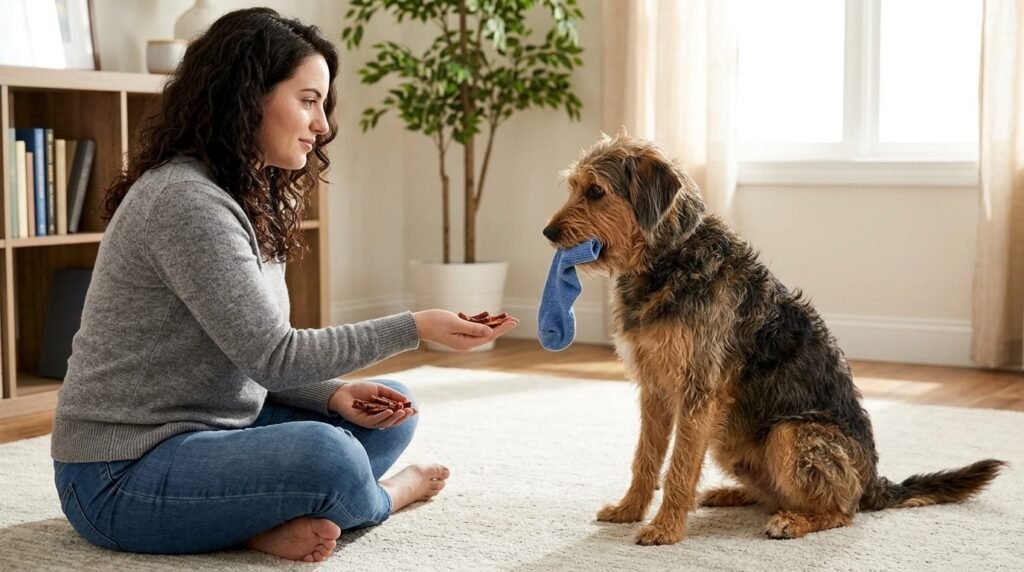 Owner calmly trading treats with a dog holding a stolen household item