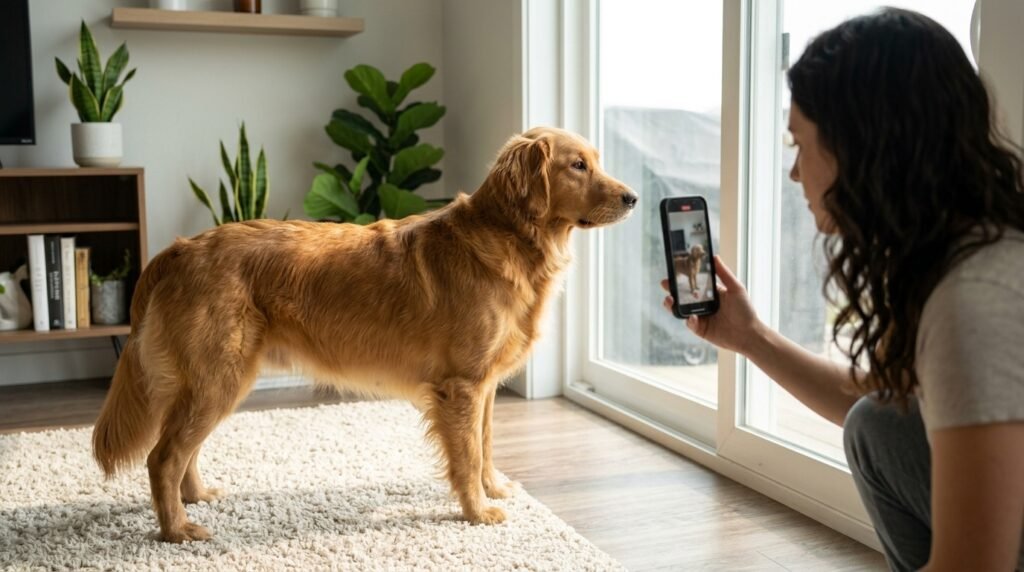 Owner safely recording a dog staring into space for a veterinarian