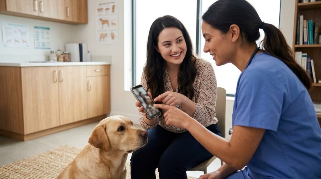 Owner showing a smartphone to a veterinarian beside a resting yellow Labrador