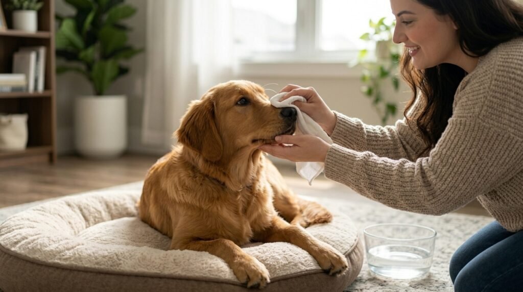 Owner checking a dog runny nose and nasal discharge