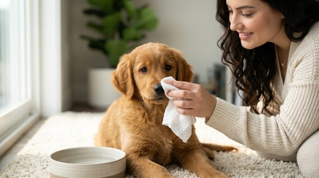 Safe home care for a dog runny nose with gentle nose cleaning