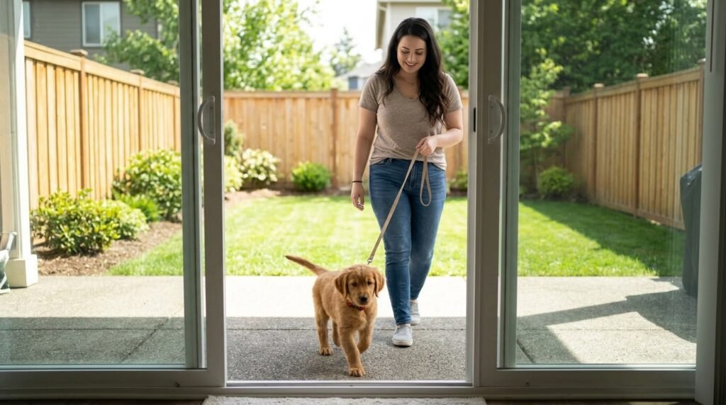 Puppy potty training schedule with owner taking puppy outside