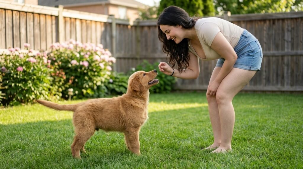 Owner rewarding puppy after successful outdoor potty training