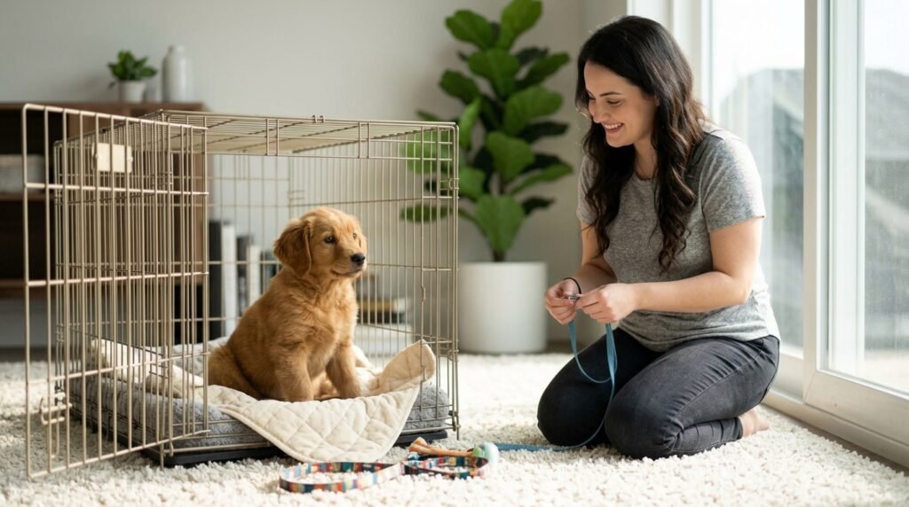 Puppy resting in a comfortable crate during potty training