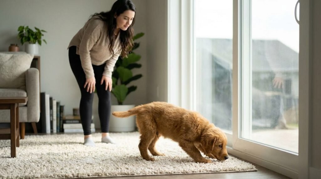 Puppy sniffing near the door showing signs it needs to potty