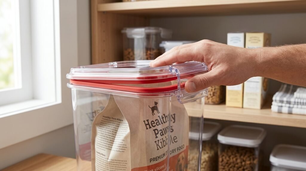Pet owner securing the airtight latch and rubber gasket on a durable pet food container