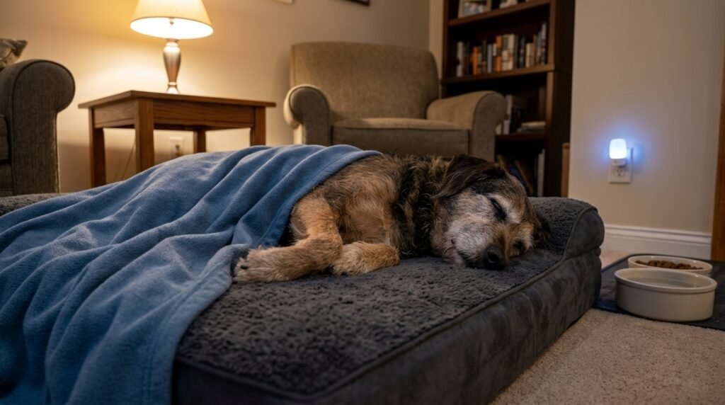 Senior dog resting on a supportive bed in a warm room