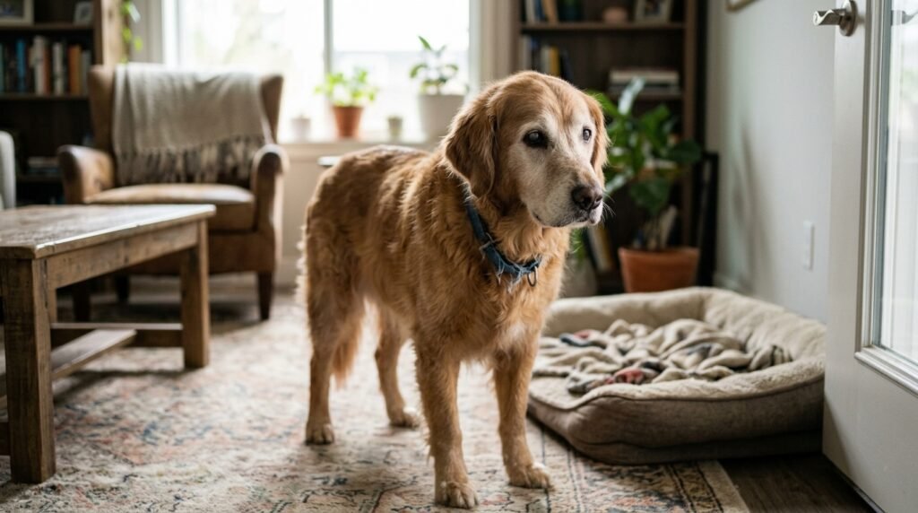 Senior dog staring into space with possible age-related confusion