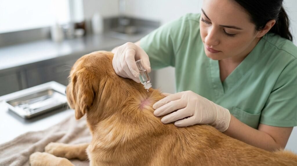 Topical flea and tick treatment applied correctly to a dog's skin