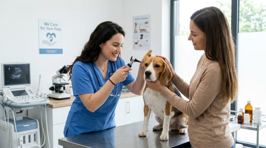 Veterinarian examining a dog while its owner discusses treatment coverage