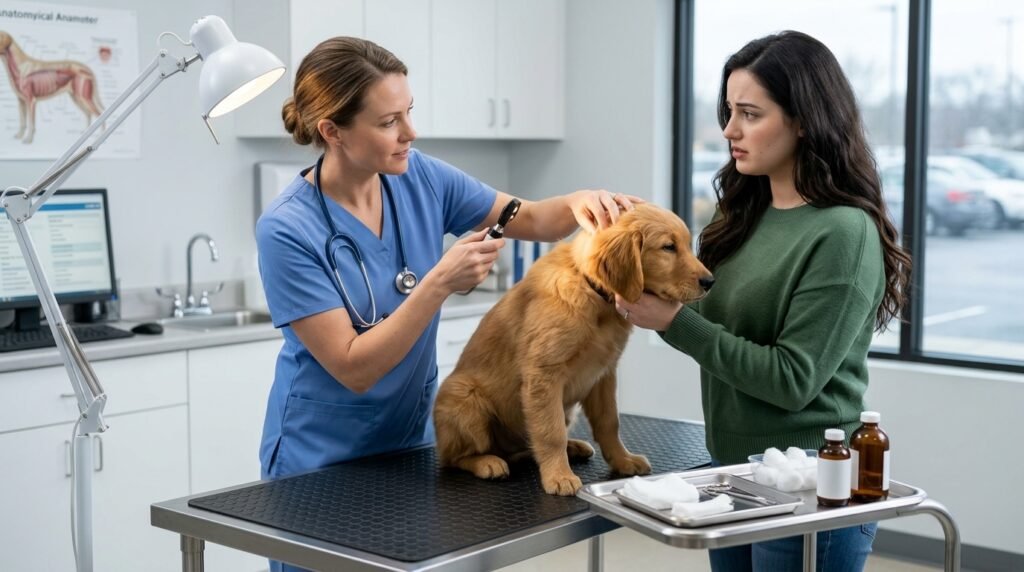 Veterinarian examining a dog after a possible flea treatment reaction