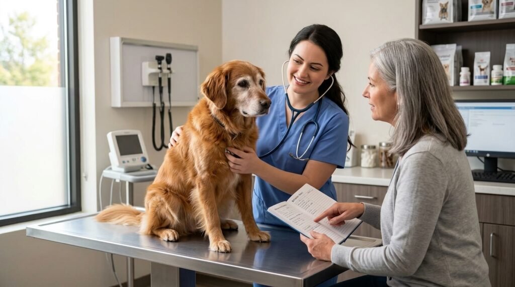 Veterinarian examining a senior dog for behavioral changes