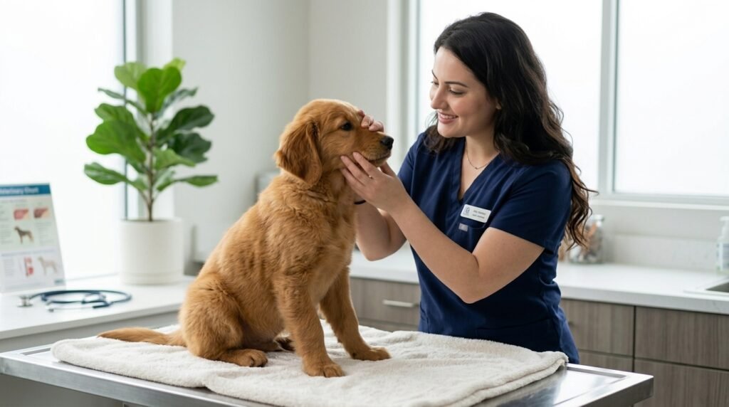 Veterinarian examining a dog with nasal discharge