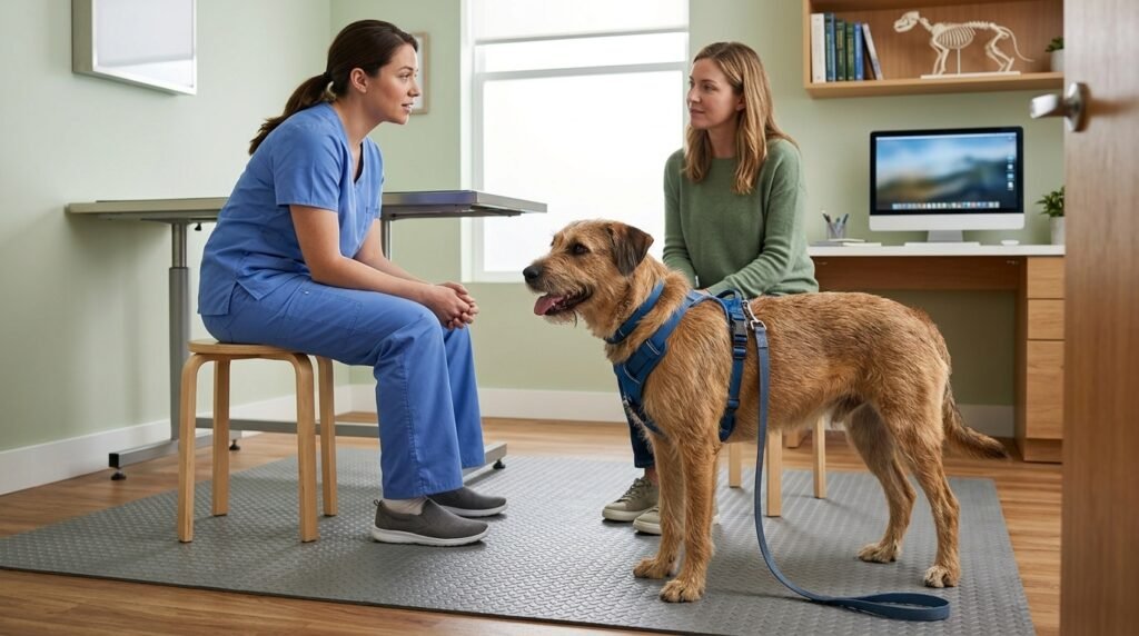 Veterinarian observing a dog on a nonslip mat while speaking with its owner.