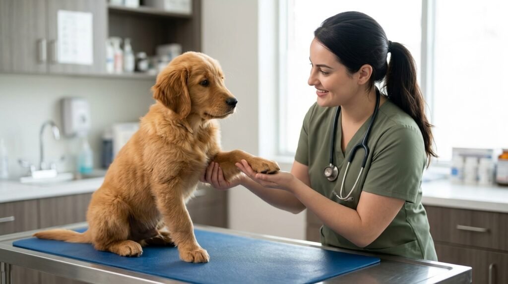 Veterinarian examining a dog with persistent paw licking