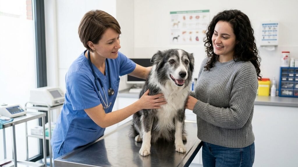 Veterinarian examining a senior dog before the fall season