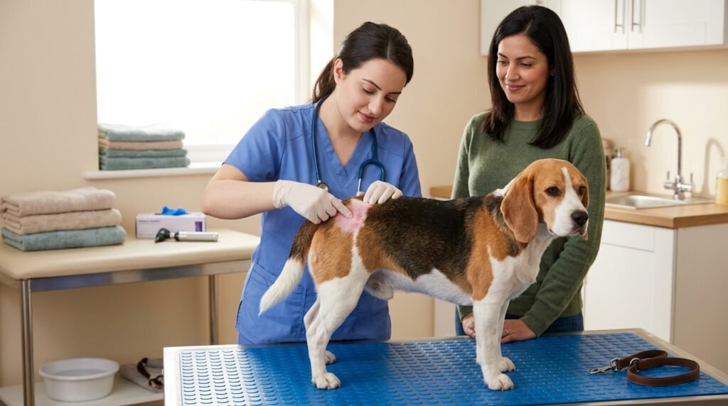 Veterinarian gently parting a beagle’s fur near the base of its tail