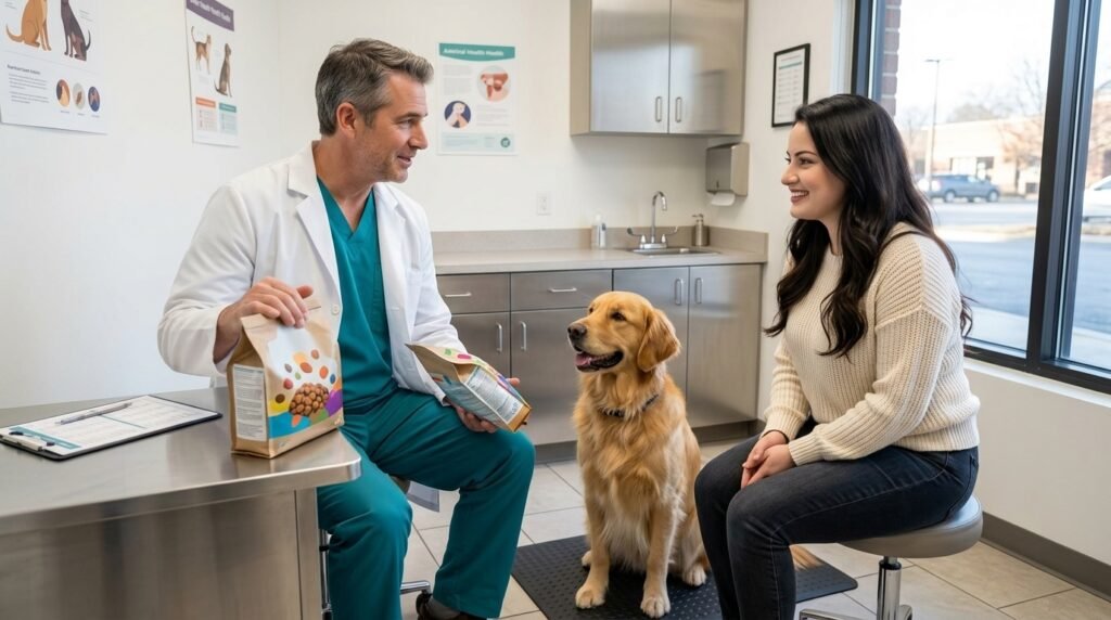 Veterinarian helping an owner plan a safe dog food change