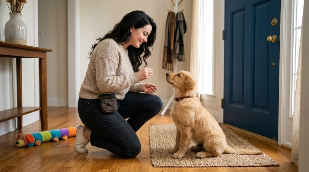 Puppy sitting with all paws on the floor beside an adult holding a treat pouch.