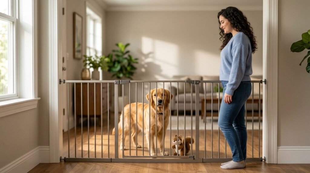 Adult standing on the other side of a baby gate while a puppy rests nearby.