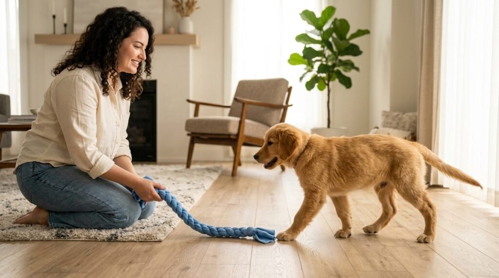 Adult offering a long soft toy to a puppy while keeping fingers away from its mouth.