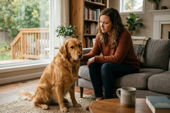Dog looking sad and withdrawn while sitting beside its owner