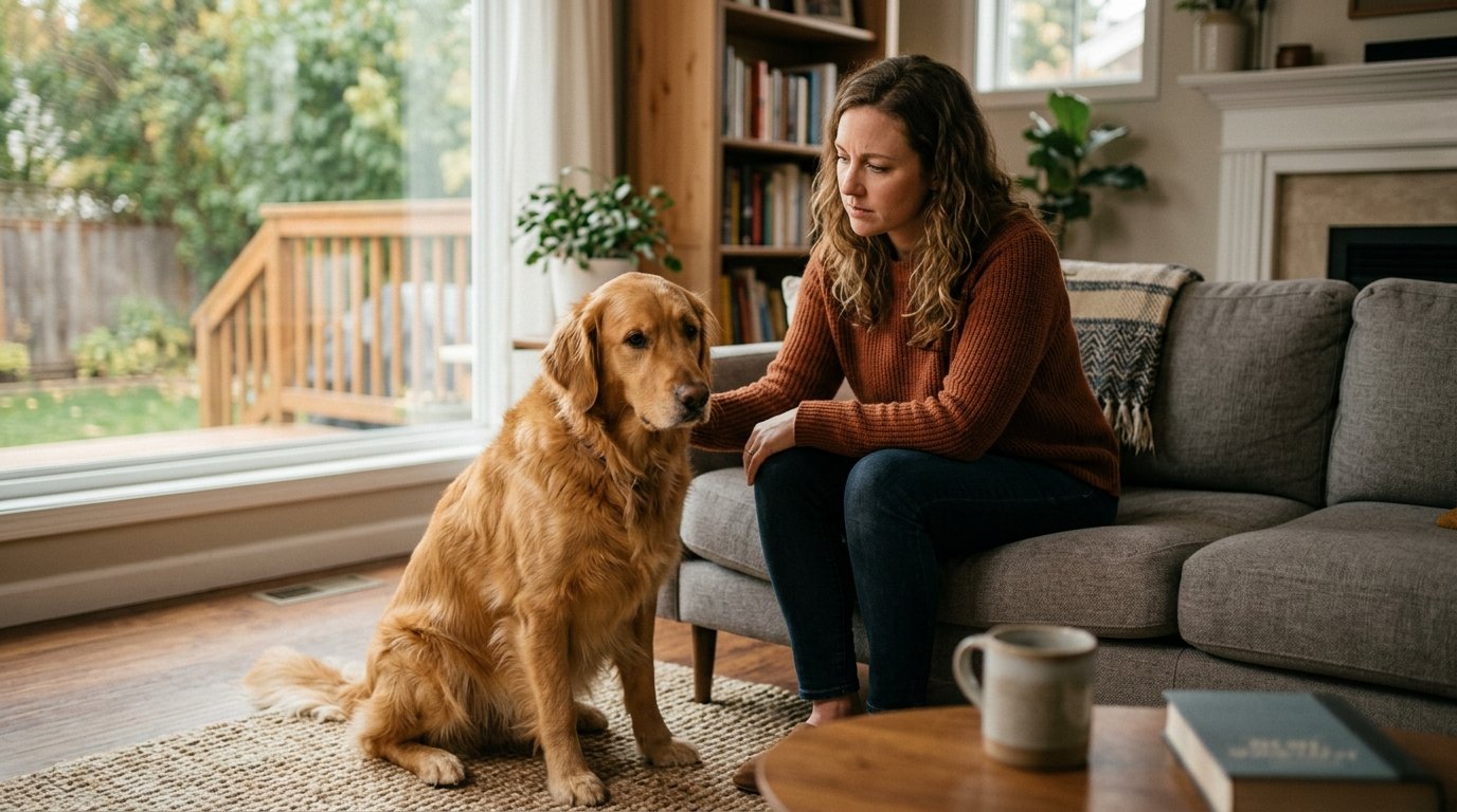 Dog looking sad and withdrawn while sitting beside its owner