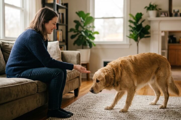 Dog calmly reconnecting with its owner after a tense interaction