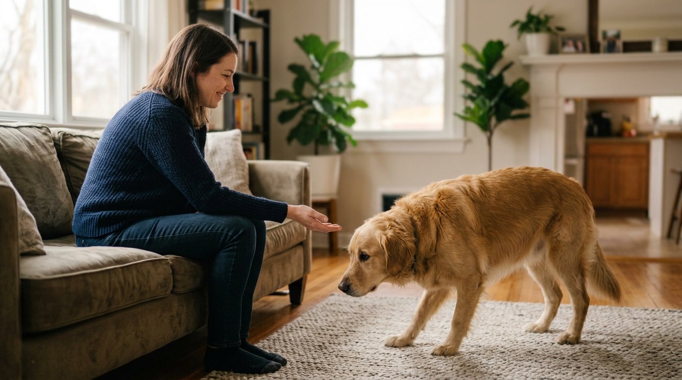 Dog calmly reconnecting with its owner after a tense interaction