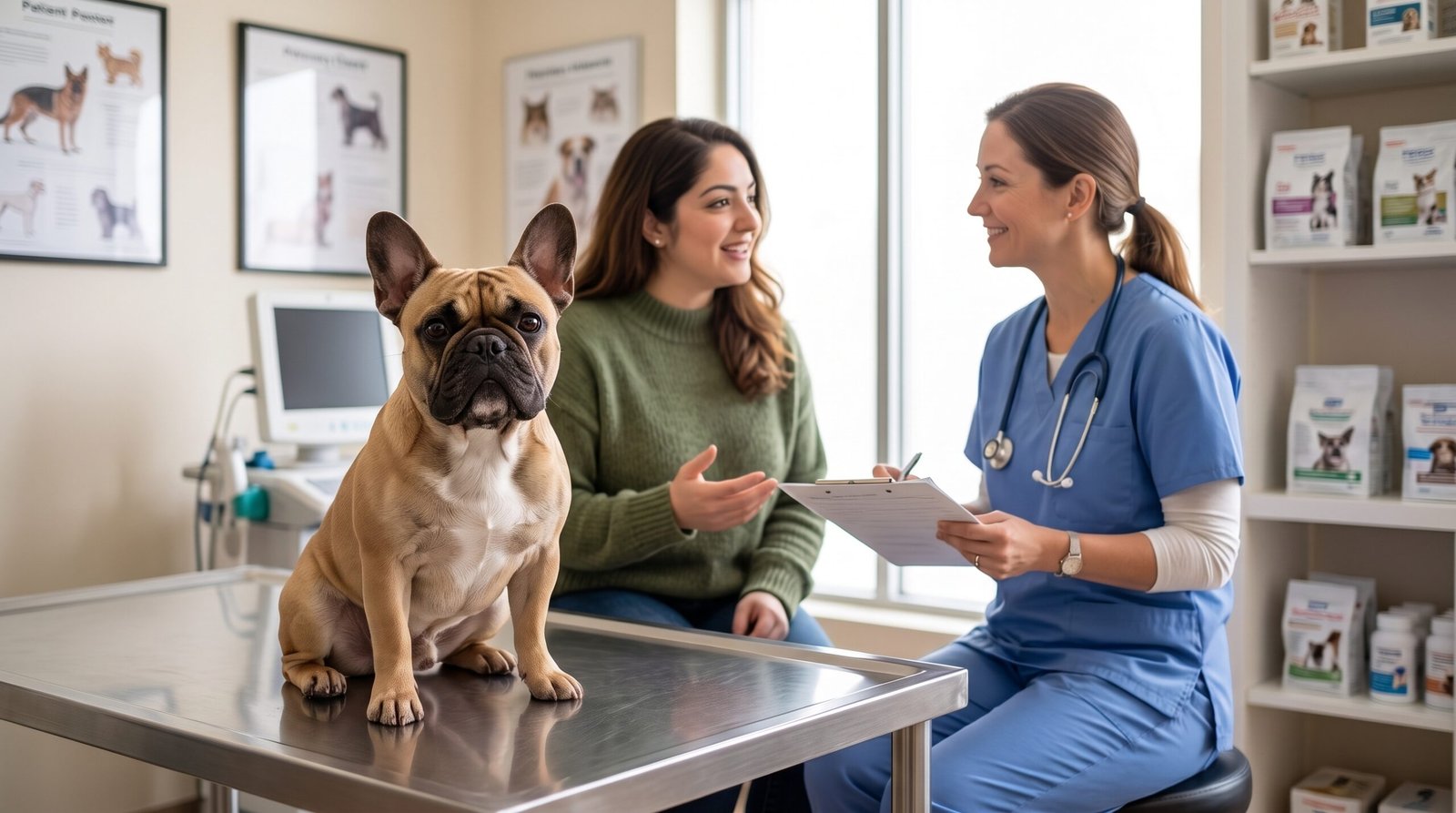 A female owner consulting a veterinarian about brachycephalic dog birth risks in a warm clinic.