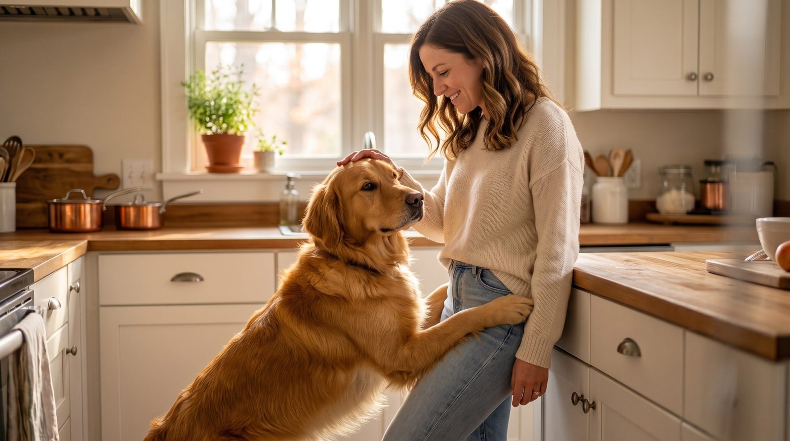 Golden retriever leaning affectionately against his favorite person's leg in a warm home kitchen