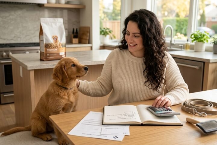 Dog care costs budget showing a dog owner planning pet expenses