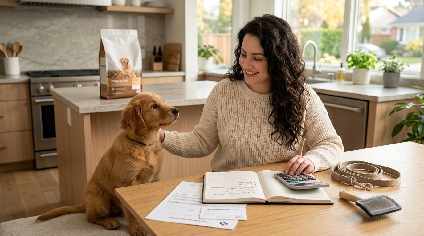 Dog care costs budget showing a dog owner planning pet expenses