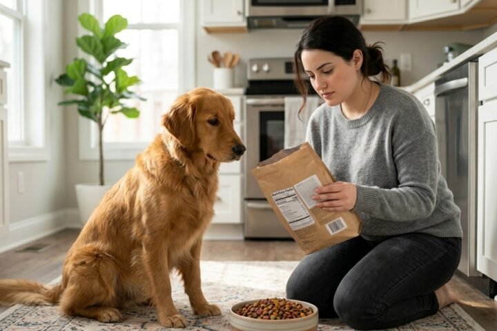 Dog owner reading a label to understand dog food fillers before buying food.