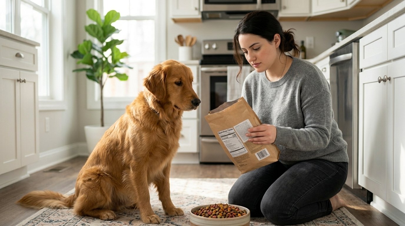 Dog owner reading a label to understand dog food fillers before buying food.