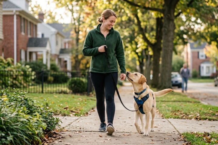 Dog walking calmly beside owner on a loose leash
